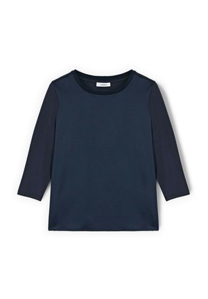 Camicia a maniche lunghe blu navy con scollo rotondo e maniche leggermente aderenti, mostrata su sfondo bianco.