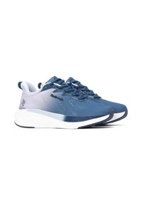 Zapatillas deportivas azules que presentan una parte superior texturizada, un diseño en degradado con acentos en púrpura claro y una suela blanca con una suela exterior azul oscura.