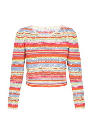 Gebreide trui met meerkleurige horizontale strepen in oranje, roze, blauw en geel. Lange mouwen, ronde halslijn en open gebreide textuur.