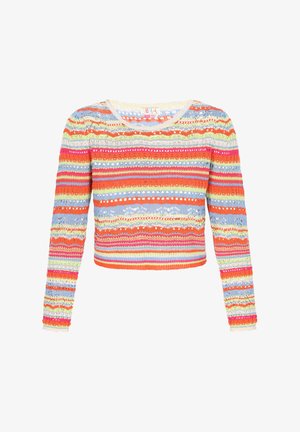 Megztinis su daugiaspalvėmis horizontaliomis juostelėmis oranžinės, rožinės, mėlynos ir geltonos spalvų. Ilgos rankovės, apvalus iškirpimas ir atviras mezgimo tekstūros.