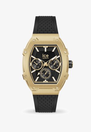 Złoty ośmiokątny zegarek z czarnym teksturowanym paskiem gumowym, czarną tarczą, złotymi akcentami i trzema subtarczami do funkcji daty i czasu.