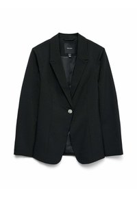Blazer nero realizzato in tessuto liscio, con rever a punta, chiusura a un bottone con un dettaglio decorativo e una vestibilità sartoriale.