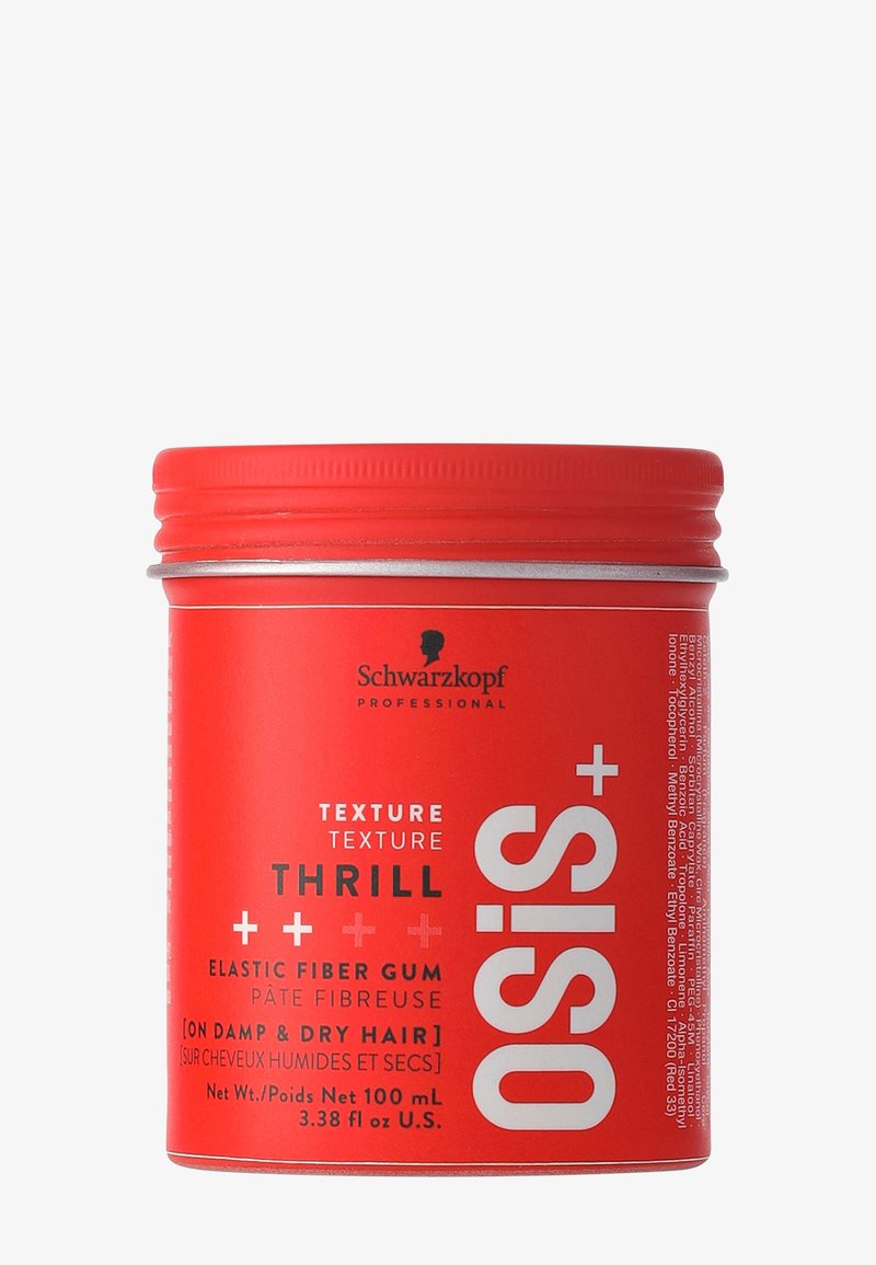 Red 100ml Schwarzkopf Osis+ Thrill Elastic Fiber Gum container for damp and dry hair, with black and white product text and logo.