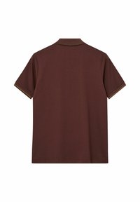 Braunes Polohemd mit kurzen Ärmeln aus Baumwolle, mit einem klassischen Kragen, kontrastierendem braunem Besatz an den Ärmeln und einer glatten Textur.