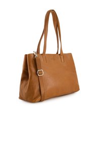 Braune Leder-Tote mit langen Griffen und einem abnehmbaren Riemen. Sie hat eine glatte Textur und ein minimalistisches Design, mit subtiler Markenkennzeichnung.