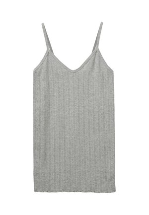 Grijze geribbelde tanktop van zachte stof. Kenmerken zijn dunne bandjes, een V-halslijn en een ontspannen pasvorm. De zoom is recht en onafgewerkt.