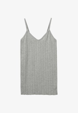 Grijze geribbelde tanktop van zachte stof. Kenmerken zijn dunne bandjes, een V-halslijn en een ontspannen pasvorm. De zoom is recht en onafgewerkt.