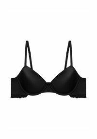 Czarny, wyściełany stanik z regulowanymi ramiączkami, gładką teksturą i falbaną na bokach. Z prostym zapięciem z przodu.