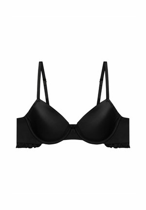 Czarny, wyściełany stanik z regulowanymi ramiączkami, gładką teksturą i falbaną na bokach. Z prostym zapięciem z przodu.