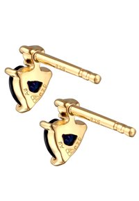 Guldtonede, skjoldformede stud-øreringe med en blå accentsten, der har en poleret overflade og stifter for sikker fastgørelse.