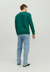 Felpa verde, colletto a giro, polsini e orlo a coste, abbinata a jeans azzurri chiari e sneakers nere, vista da dietro.