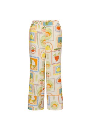 Wide-leg pants with colorful fruit-themed patchwork pattern including lemons, cherries, grapes, and pineapples on a light background.
