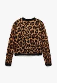 Sweter w panterkę z puszystą teksturą, w brązowych i czarnych kolorach, z długimi rękawami i czarnym ściągaczem u dołu. Wyświetlony widok z tyłu.