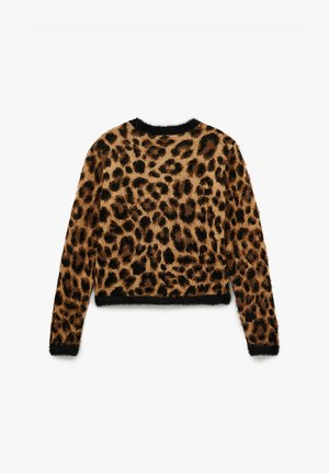 Leopard print sweater with a fuzzy texture, brown and black colors, long sleeves, and a black ribbed hemline. Back view displayed.