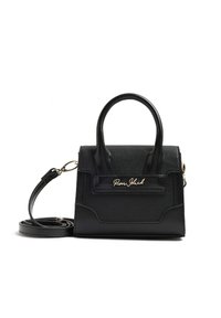 Czarna torebka z ekologicznej skóry o usztywnionej konstrukcji, z uchwytami u góry, odpinanym paskiem na ramię i złotymi akcentami z logo. Gładka tekstura, minimalistyczne detale.