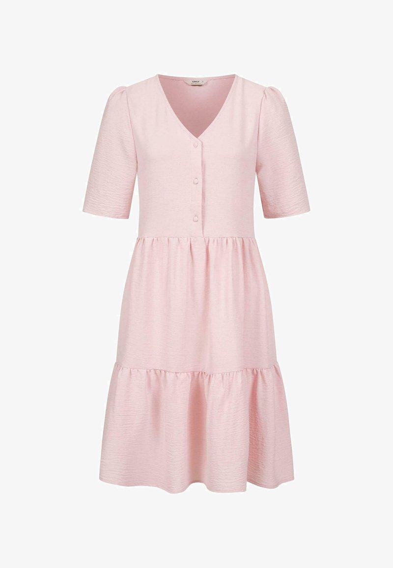 Rosa kurzärmliges Kleid mit V-Ausschnitt, Knopfdetails, gestuftem Rock und strukturiertem Stoff. Schlichte, lockere Silhouette.