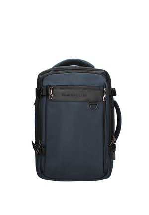 Dunkelblaue rechteckige Reisetasche mit mehreren Reißverschlussfächern, seitlichem Griff, Tragegriff oben und einem kleinen D-Ring an der Vorderseite.