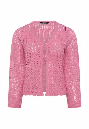 Rosa hæklet cardigan med lange ærmer, bølget kant, V-hals og to knapper foran.