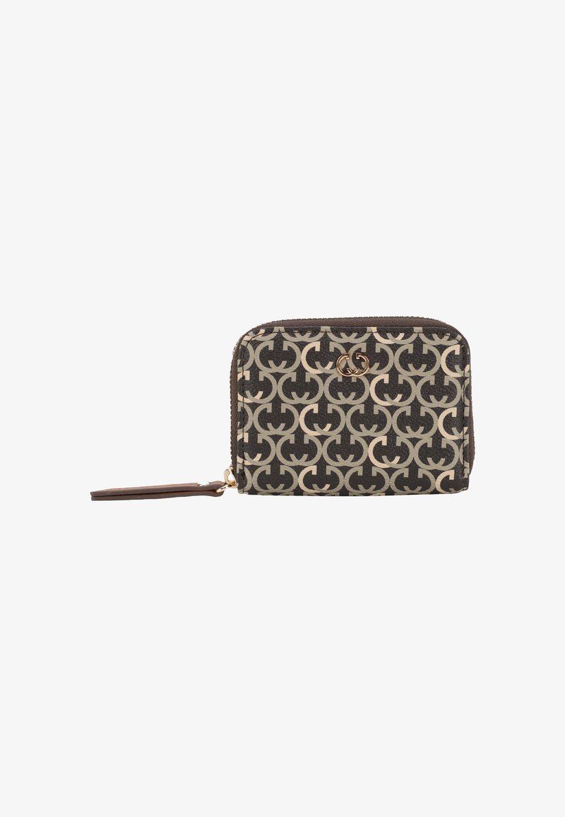 Brown patterned wallet with a zip closure and a gold logo accent. Features a textured surface and a wrist strap for easy carrying.