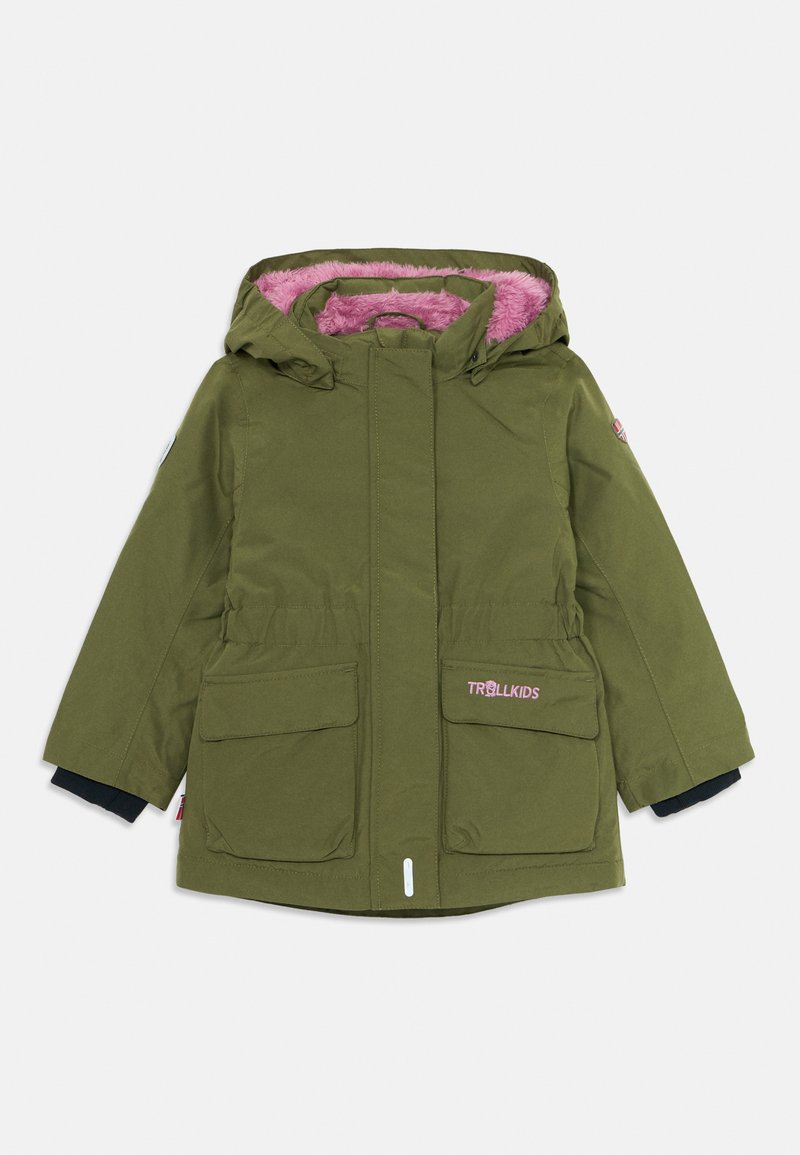 Olive green children's winter jacket with hood lined in pink fleece, two front flap pockets, and "TROLLKIDS" embroidered on right pocket.