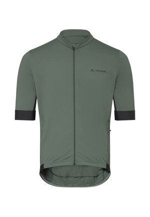 Maillot de cyclisme vert olive à manches courtes avec fermeture éclair frontale, accents noirs sur les manches, et logo VAUDE sur la poitrine.