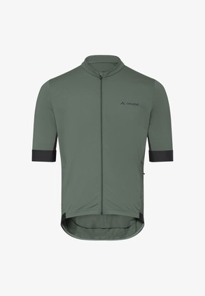 Radtrikot mit kurzen Ärmeln in olivegrün, mit Frontreißverschluss, schwarzen Akzenten an den Ärmeln und VAUDE-Logo auf der Brust.