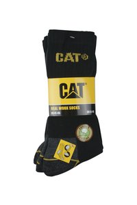 Zwarte werksocks met het gele "CAT"-logo, gemaakt van gekamd katoen, met een textuurpatroon en verpakt met verzorgingsinstructies.