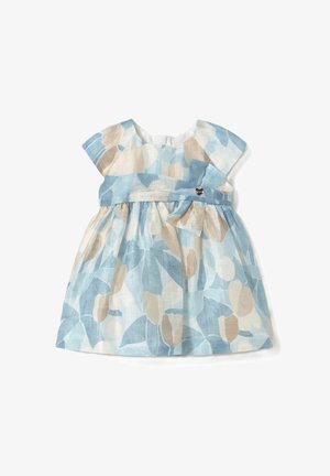 Bawełniana sukienka z krótkimi rękawami, niebiesko-beżowy wzór w kwiaty, marszczona talia i mała kokarda po lewej stronie.
