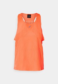 Helle orange ärmellose Sporttanktop mit atmungsaktivem, perforiertem Stoff und einem kleinen, zentrierten Logo auf der Brust.