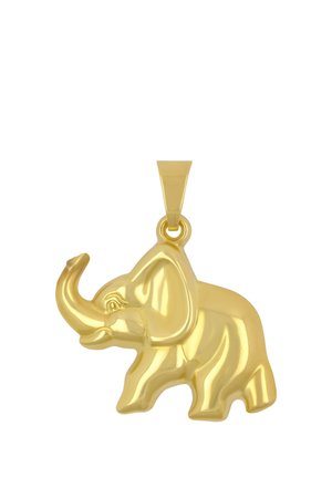Goldener elefantenförmiger Anhänger mit erhobenem Rüssel und glatter, glänzender Oberfläche, befestigt an einer polierten Öse zum Auffädeln an einer Kette.