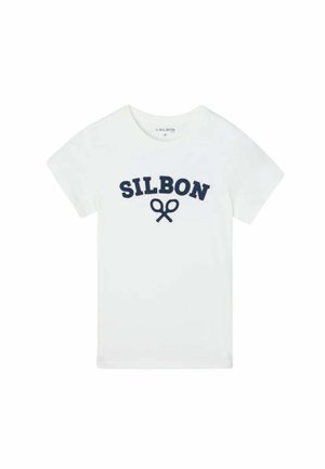 Camiseta blanca de manga corta con texto azul marino "SILBON" y un logo de raquetas de tenis cruzadas debajo del texto en la parte delantera.