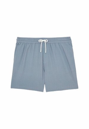 Kék mintás fürdőshorts, zsinóros derékkal, világos- és sötétkék árnyalatokban gyémánt mintával, könnyű anyagból készült.