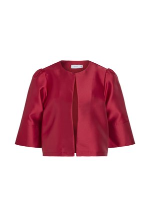 Röd satin kort jacka med breda trekvartsärmar, rund halsringning och öppen framdesign. Slät textur och minimal detaljering.