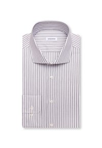 Chemise habillée à manches longues pliée avec des rayures verticales blanches et grises, devant boutonné et col ouvert sur fond blanc.