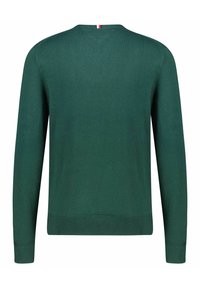 Maglione verde a maglia con scollo a V, maniche lunghe, polsini e orlo a coste. Presenta una piccola etichetta rossa e bianca sul retro del collo.