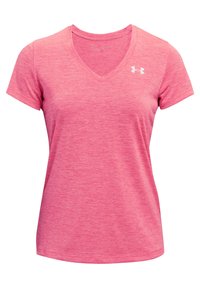 Camiseta rosa jaspeada con cuello en V y mangas cortas. Hecha de una tela suave y transpirable. Diseño ligeramente ajustado con un logo en el área del pecho izquierdo.