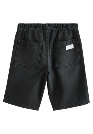 Black denim shorts with an elastic waistband, featuring two back pockets and a label tag, smooth texture, and straight cut silhouette.