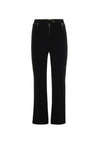 Pantaloni neri con dettagli in cerniera dorata, realizzati in un tessuto liscio. Presentano una chiusura con bottone e un design a gamba dritta.