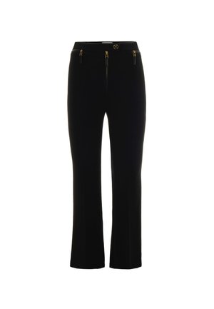 Pantalones negros con detalles de cremallera dorada, fabricados con una tela suave. Presentan un cierre de botón y un diseño de pierna recta.