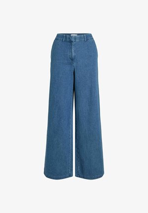 Široke plave traperice s visokim strukom, s kopčanjem na gumb, petljama za remen i čistim, ravnim šavovima.