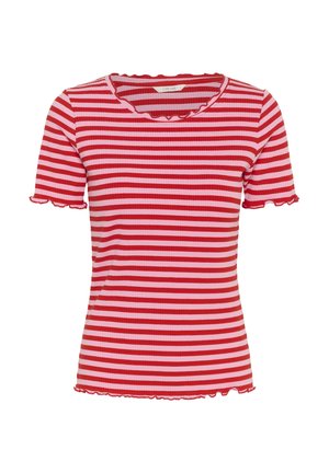 Rød og pink stribet kortærmet t-shirt med ribbet tekstur og bølgede kanter ved halsudskæring og ærmer.