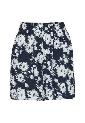 Námornícke modré šortky s bielym kvetinovým vzorom, so skladaným dizajnom a elastickým pásom pre pohodlie. Ľahká textúra látky.