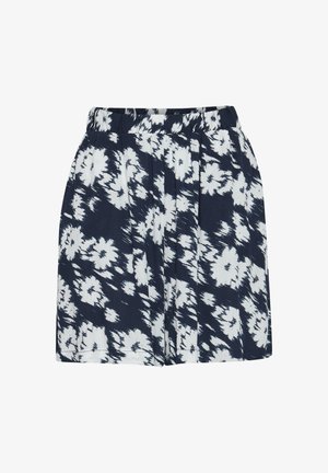 Tamno plave kratke hlače s bijelim cvjetnim uzorkom, s naboranim dizajnom i elastičnom trakicom za udobnost. Lagana tekstura tkanine.
