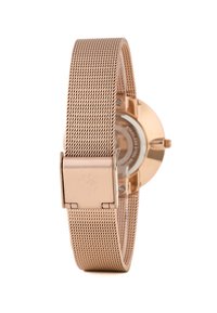 Orologio in metallo mesh color oro rosa con cassa rotonda, retro trasparente e chiusura con fermaglio. Presenta un design minimalista con texture liscia.