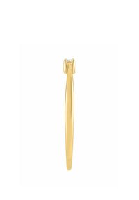 Złocisty, wydłużony kolczyk o eleganckim wzornictwie z pojedynczym, małym, przezroczystym kamieniem na górze. Gładka, polerowana powierzchnia.