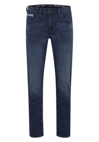 Mørkeblå denimjeans med rette ben, fem-lommers design, subtle fading, og en merkebånd med teksten "gjør krav på din denimrett."