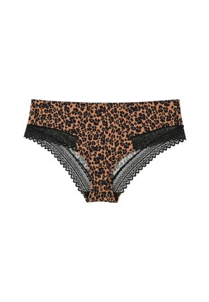 Culotte imprimé léopard en tan avec des accents noirs. Comprend une finition en dentelle et des bords en zigzag. Tissu doux et design à taille mi-haute.