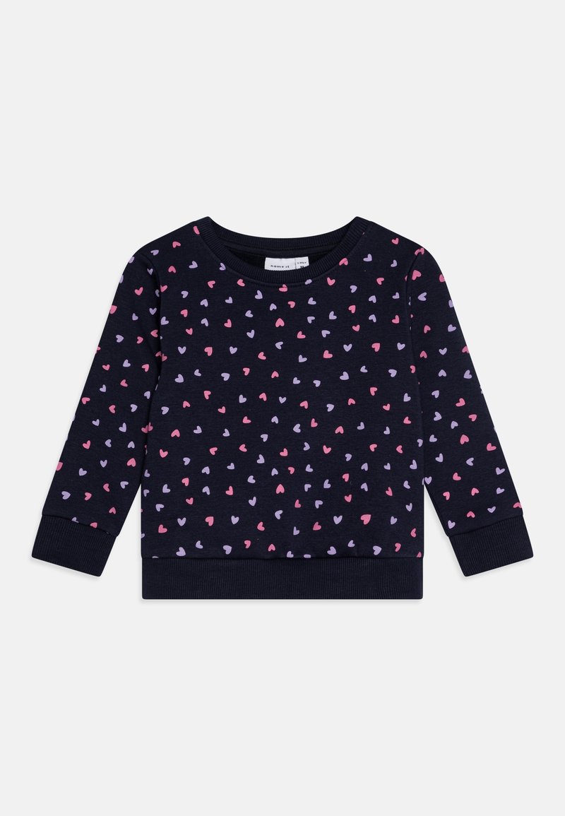 Sweat-shirt pour tout-petit à manches longues bleu marine avec un motif intégral de cœurs rose et lavande, et des poignets et ourlet côtelés.