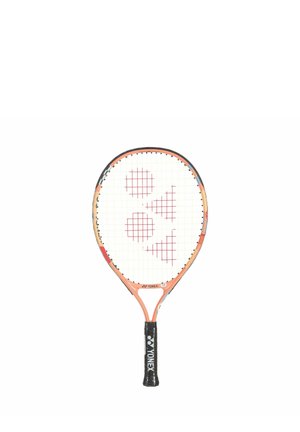 Tennis racket with orange frame, white strings, red logo pattern, and black grip handle labeled Yonex on a white background.