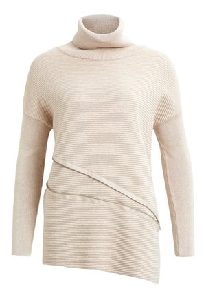 Béžový žebrovaný pletený rolák s dlouhými rukávy a asymetrickým zipem přes přední část.